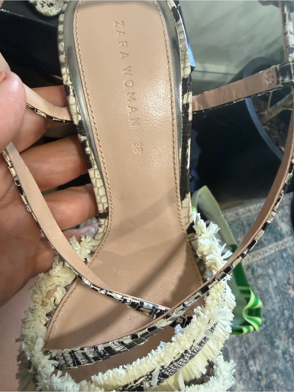 Zara Cream and Black Patterned Fringe Strap Heels